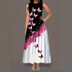 Damen Maxikleid mit buntem Schmetterlingsdruck und fließendem Saum