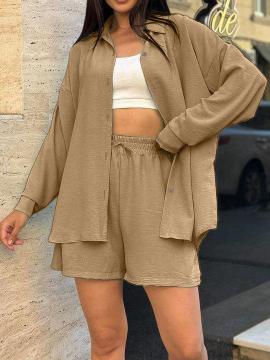 Damen lässiges Kurzarm-Set mit geknöpfter Bluse und bequemen Shorts R&B