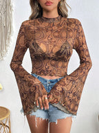 Damen nan transparentes Paisley-Netz-Kurzoberteil mit Stehkragen, Trompetenärmeln und gewelltem Saum R&B