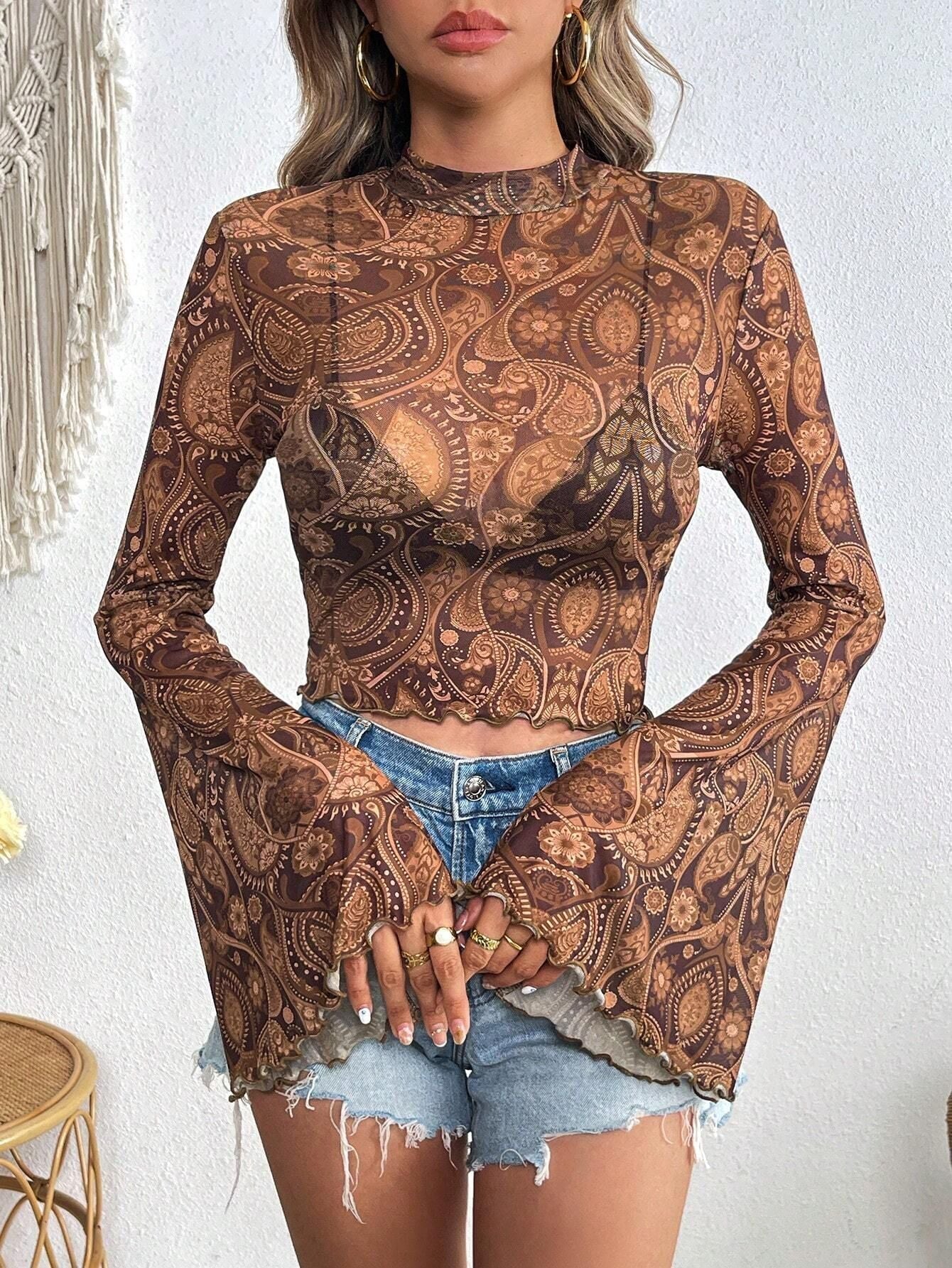 Damen nan transparentes Paisley-Netz-Kurzoberteil mit Stehkragen, Trompetenärmeln und gewelltem Saum R&B
