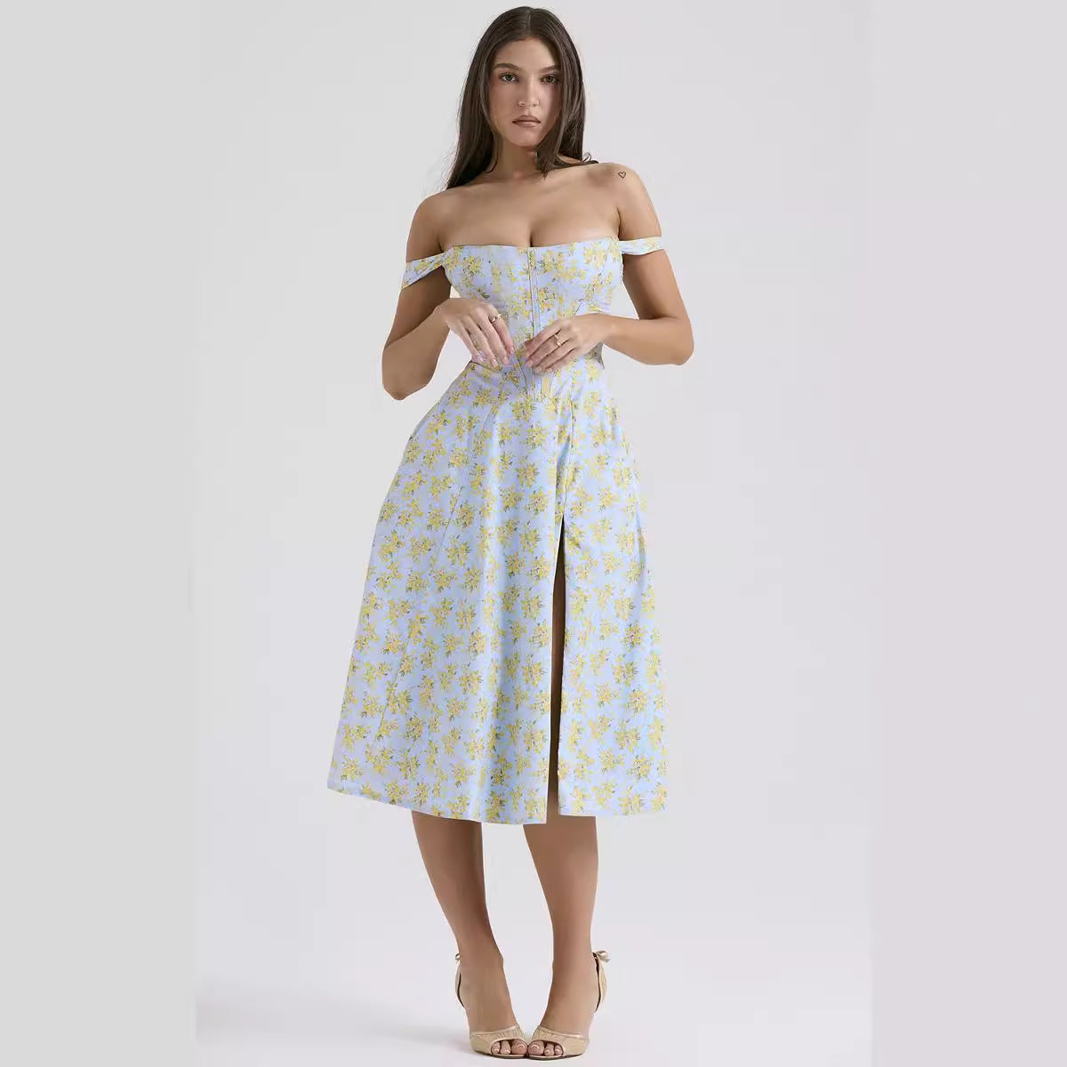 Damen Midikleid mit schulterfreiem Design und floralem Muster R&B