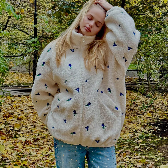 Damen kuschelige Fleecejacke mit Blumenstickerei R&B
