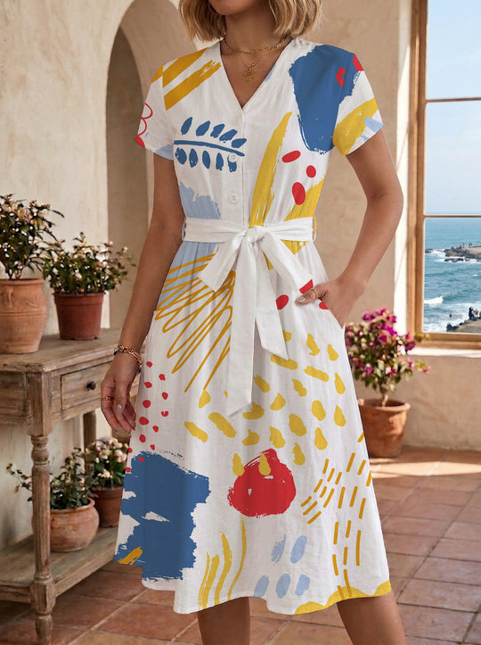 Damen Midikleid mit farbenfrohem Blumendesign und taillierbarem Bindegürtel R&B
