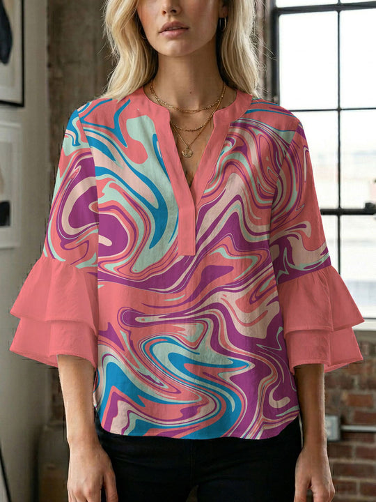 Damen Bluse mit voluminösen Flügelärmel und intensivem Blattmuster R&B