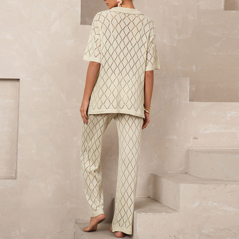Damen elegantes Strickanzug mit modischem Rautenmuster und lockerer Passform R&B