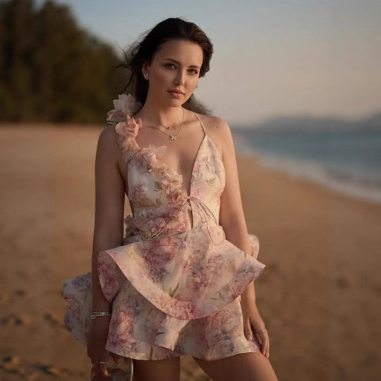 Damen Verspielt geschnittenes Minikleid mit Volant und floralen Rüschendetails R&B