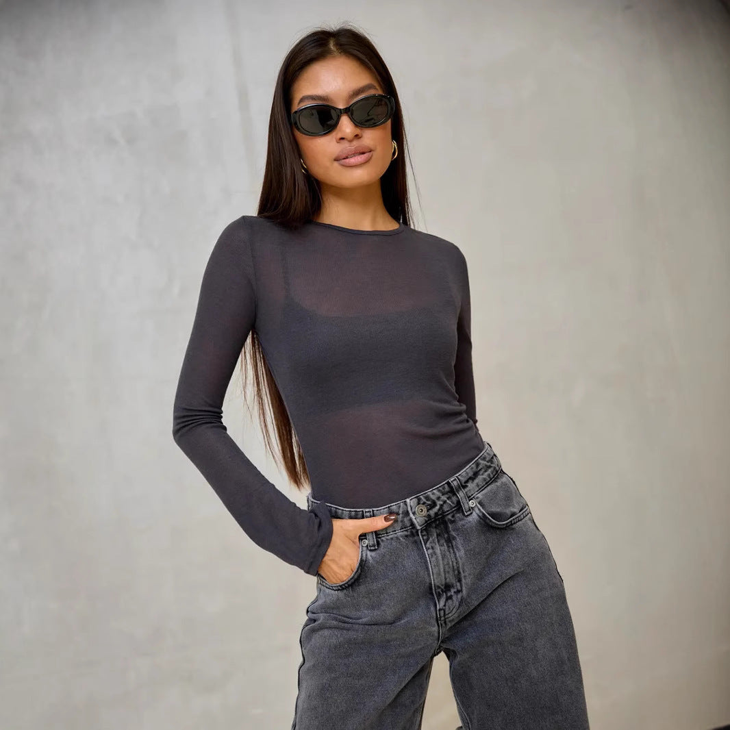 Damen Langarmshirt mit eleganten V-Ausschnitt und feinem Netzstoff R&B