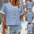 Damen nan kurzärmlige Vichykaro-Bluse mit Spitzenbesatz und dekorativer Knopfleiste R&B