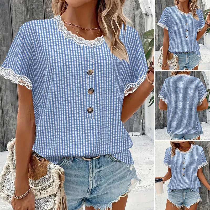 Damen nan kurzärmlige Vichykaro-Bluse mit Spitzenbesatz und dekorativer Knopfleiste R&B