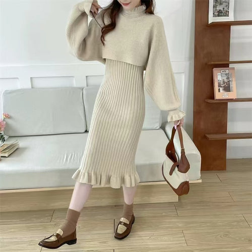 Damen Strickkleid mit hochgeschlossenem Kragen und Rippstruktur R&B