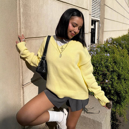 Damen Oversized Strickpullover mit V-Ausschnitt und lässigem Schnitt R&B
