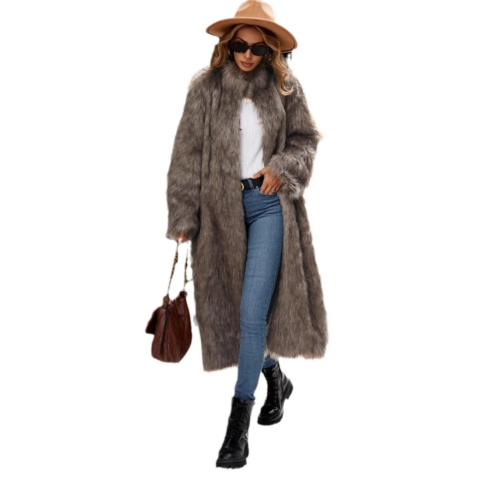 Damen Langer Kunstpelzmantel mit Stehkragen und Taschen R&B