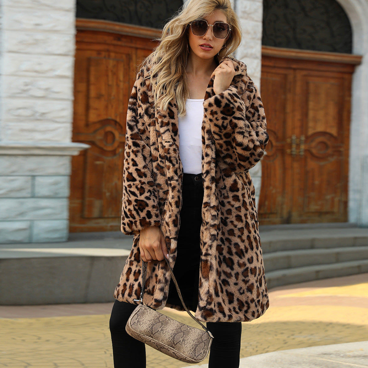 Damen Luxuriöser Fleece-Mantel mit Leopardenmuster R&B