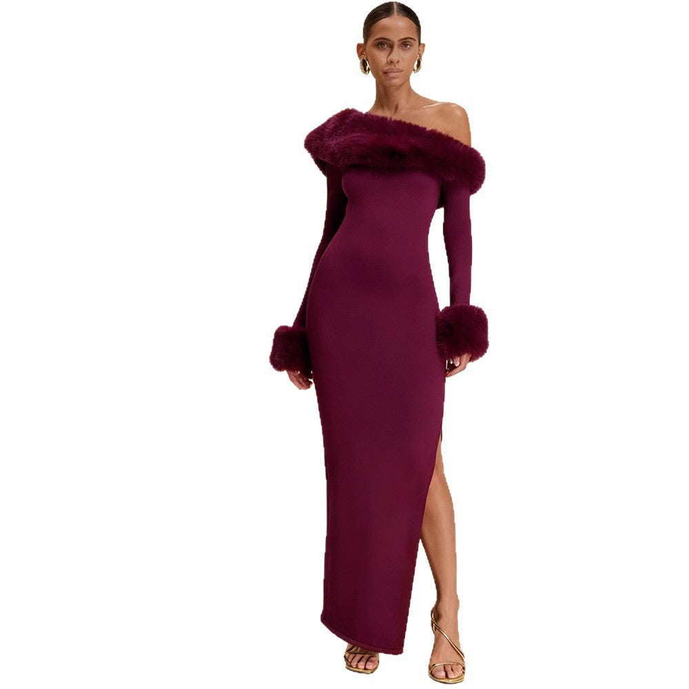 Damen Langarm-Maxikleid mit schulterfreier Optik und eleganten Fellakzenten R&B