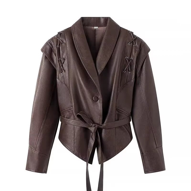 Damen Kunstlederjacke mit edlem Bindegürtel und raffinierten Schnürdetails R&B