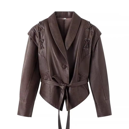 Damen Kunstlederjacke mit edlem Bindegürtel und raffinierten Schnürdetails R&B