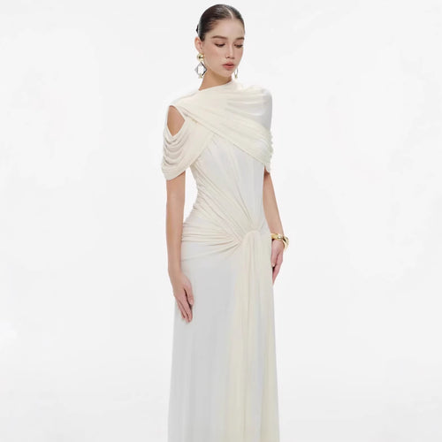 Damen elegantes Maxikleid mit innovativen Drapierungsdetails und asymmetrischem Oberteil R&B