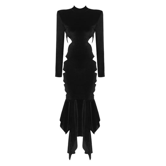 Damen elegantes langes Kleid mit innovativem Cut-Out und voluminösem Saum R&B