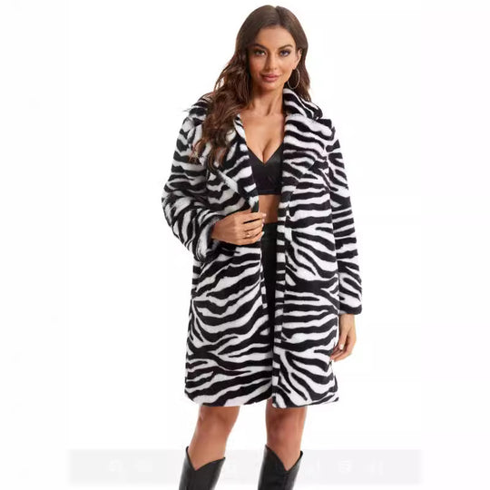 Damen Stylish und flauschiger Kunstfellmantel mit Zebra-Design R&B