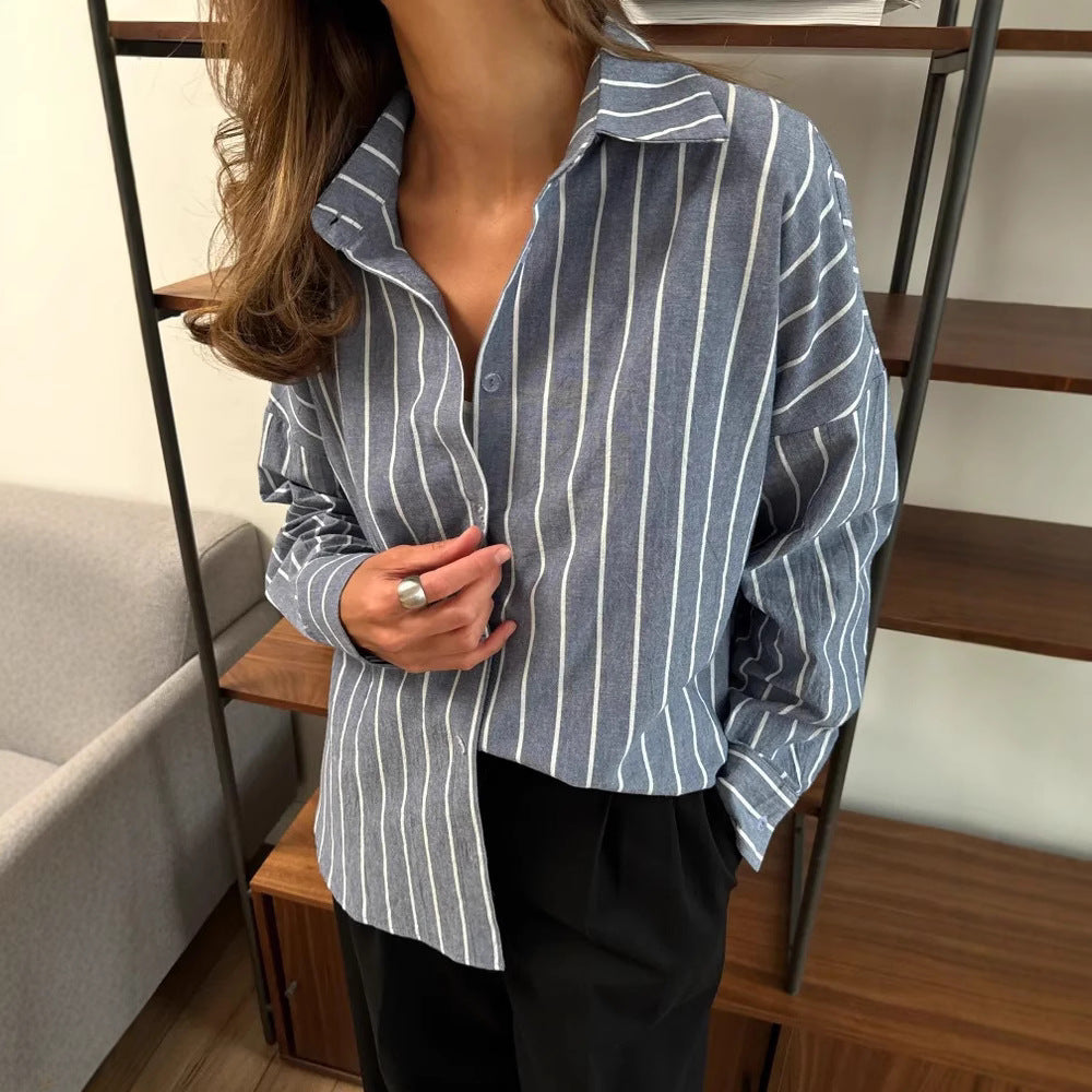 Damen Lockere Streifenbluse mit abgerundetem Saum und Knopfleiste R&B