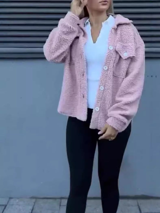 Damen Teddyjacke mit modischen Taschen und Knopfverschluss R&B