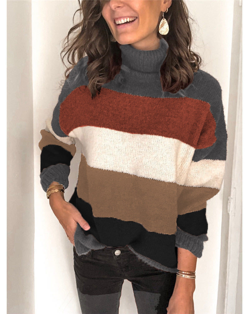 Damen modischer Strickpullover mit hohem Kragen und breitem Streifenmuster R&B