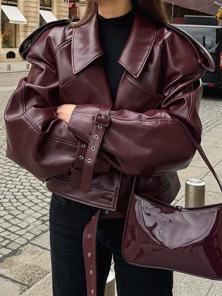Damen Kunstlederjacke im Oversized-Design mit Riemen und neuen Details R&B