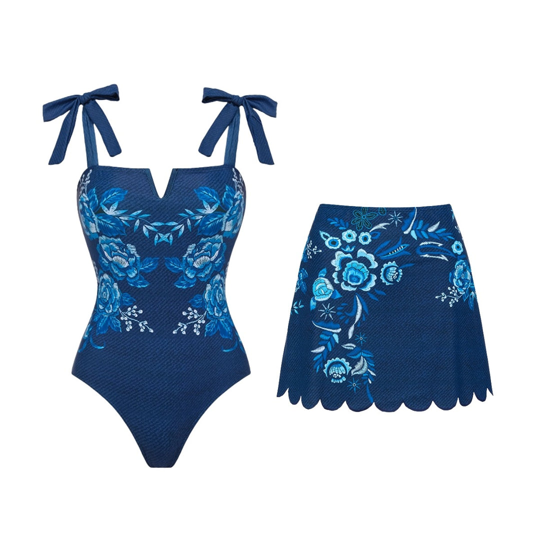 Damen V-Ausschnitt Badeanzug mit verspielten Schleifen und floralen Stickereien R&B