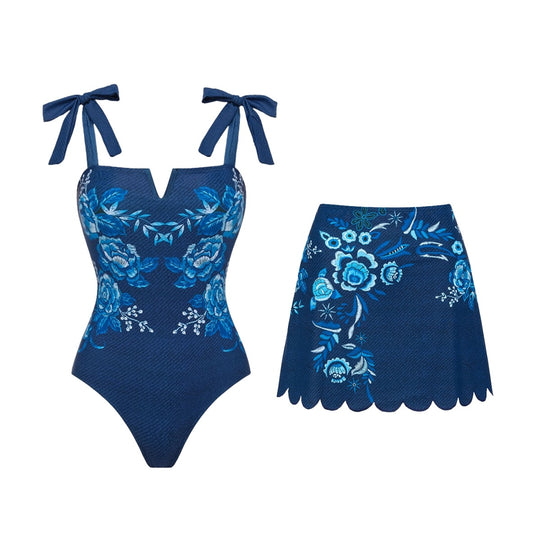 Damen V-Ausschnitt Badeanzug mit verspielten Schleifen und floralen Stickereien R&B