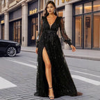 Damen Glamouröses Abendkleid mit schimmernden Pailletten und tiefem Schlitz EB