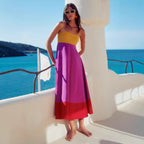Damen Maxikleid mit farbenfrohem Blockdesign und verstellbaren Spaghettiträgern EB