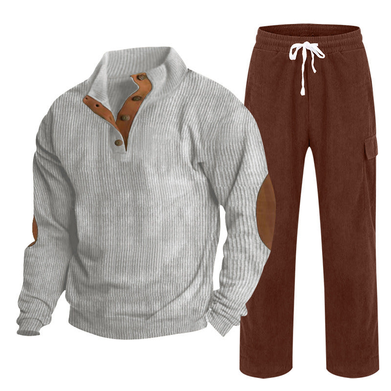 Herren nan strukturiertes Feinstrick-Halbknopf-Pullover und Feincord-Cargo-Zweiteiler R&B