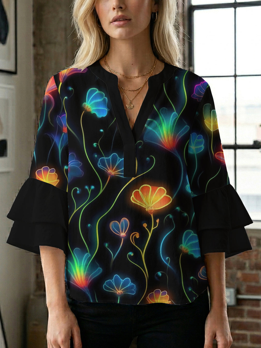 Damen Bluse mit voluminösen Rüschenärmeln und floralem Muster R&B