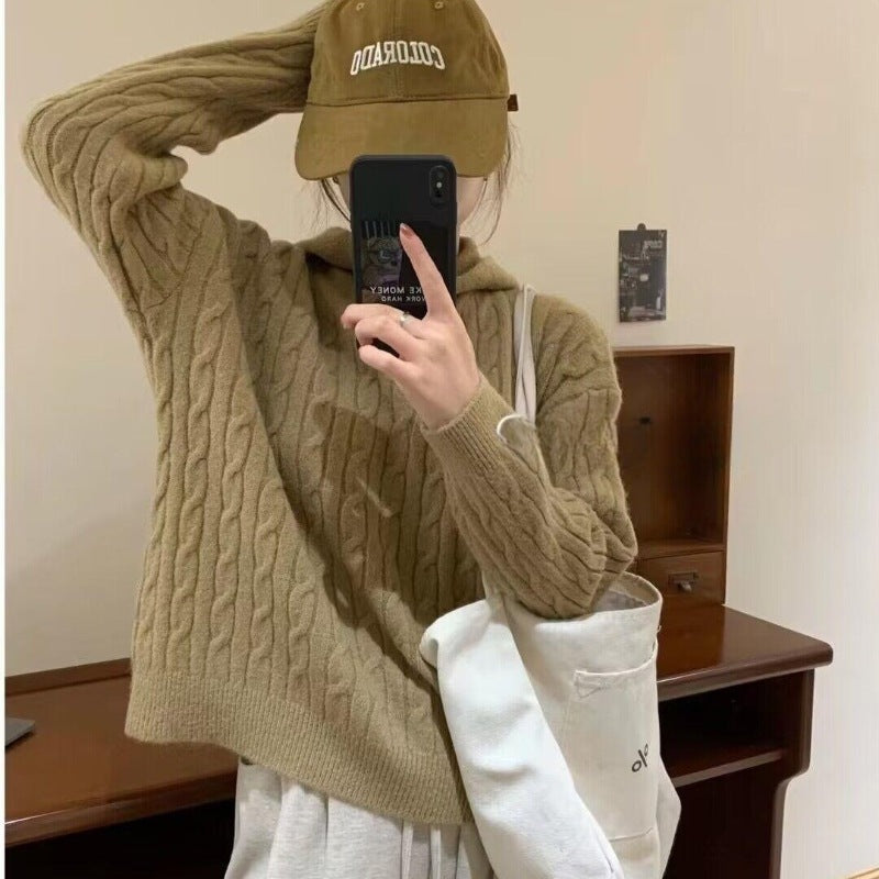 Damen Kuscheliger Strickpullover mit Kapuze und Kabelmuster R&B