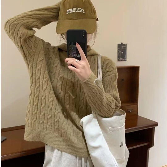 Damen Kuscheliger Strickpullover mit Kapuze und Kabelmuster R&B
