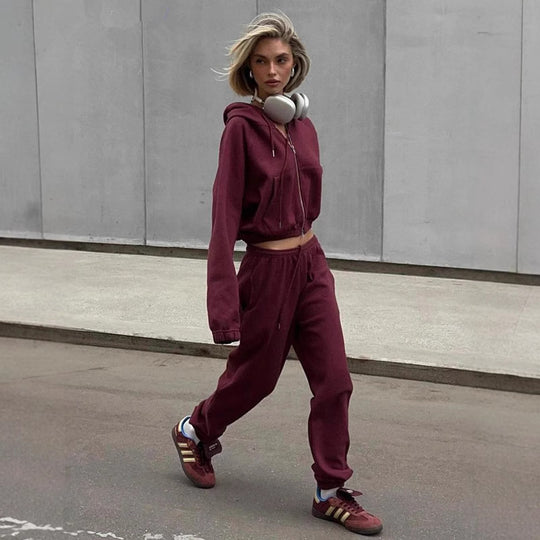 Damen Sportliches Hoodie-Set mit hohem Kragen und bequemen Hosen R&B