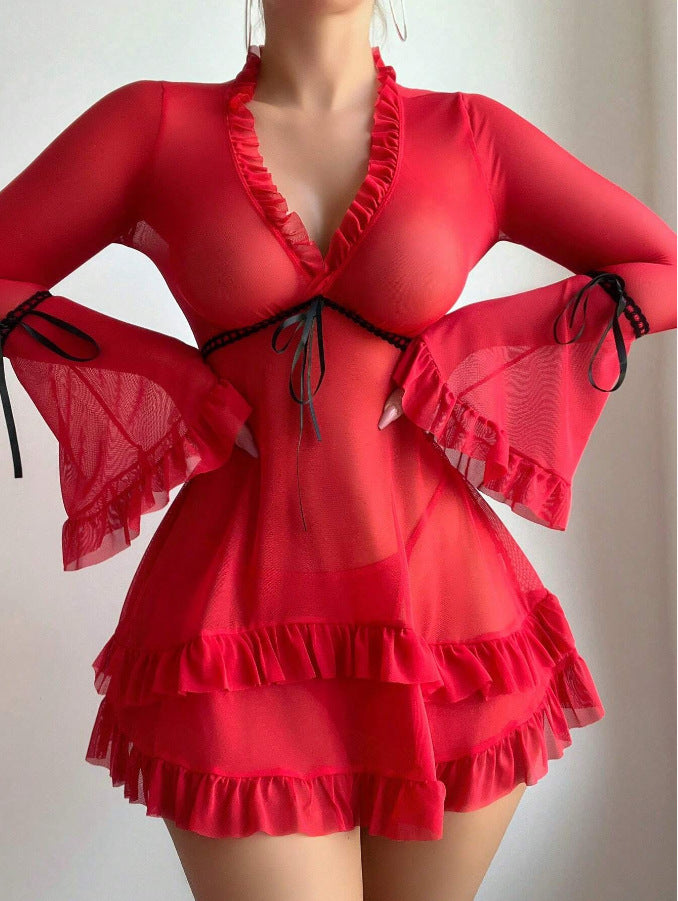 Damen transparentes Strandkleid mit voluminösen Rüschen und langen Ärmeln R&B