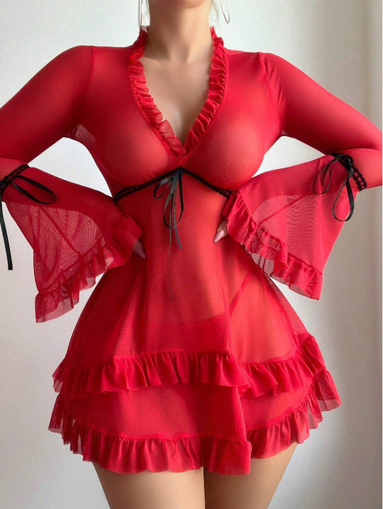 Damen transparentes Strandkleid mit voluminösen Rüschen und langen Ärmeln R&B