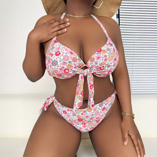 Damen Triangel-Bikini mit verspieltem Blumenmuster und herausnehmbarem Padding R&B