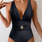 Damen Eleganter V-Ausschnitt Badeanzug mit Raffungen R&B
