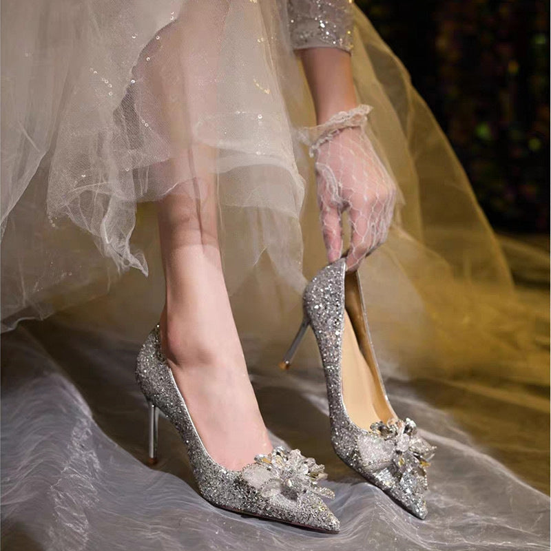 Damen Glamouröse hochhackige Glitzer-Pumps mit eleganter Schleifenverzierung R&B