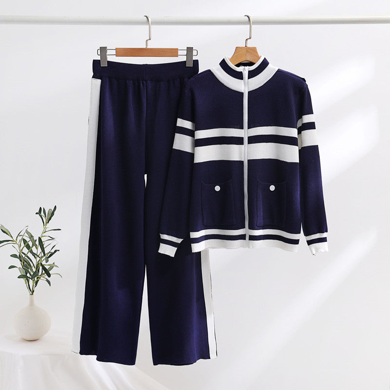 Damen sportliches Strick-Loungewear-Set mit geripptem Design und praktischen Taschen R&B