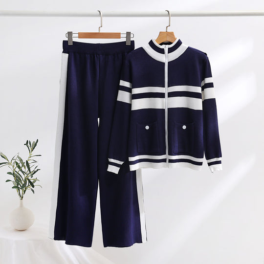 Damen sportliches Strick-Loungewear-Set mit geripptem Design und praktischen Taschen R&B