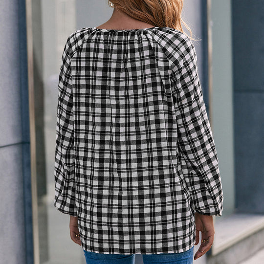 Damen Bluse mit Karo-Muster und Schleifendetail R&B