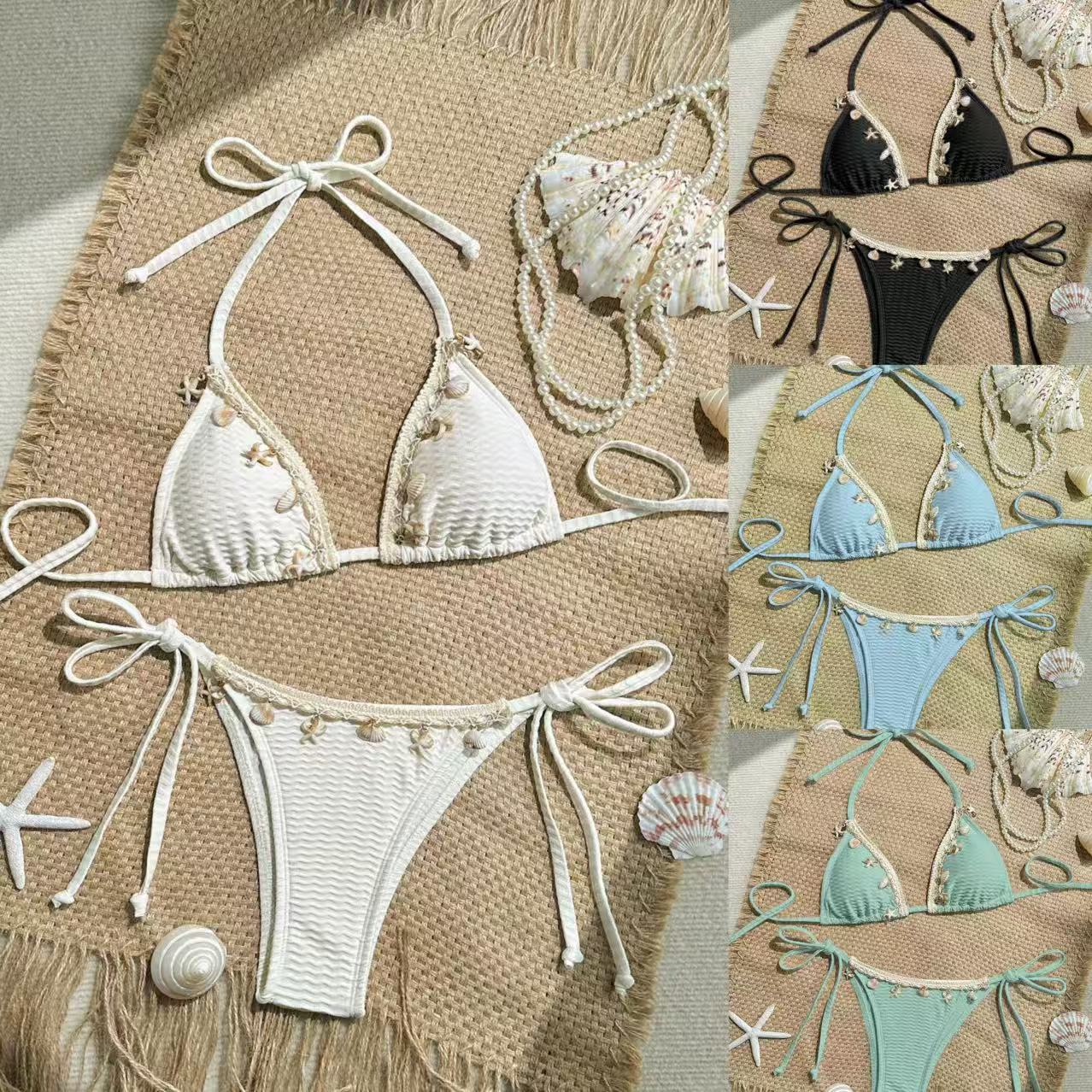 Damen Triangel-Bikini-Set mit verspielten Details und verstellbaren BindR&Bändern R&B