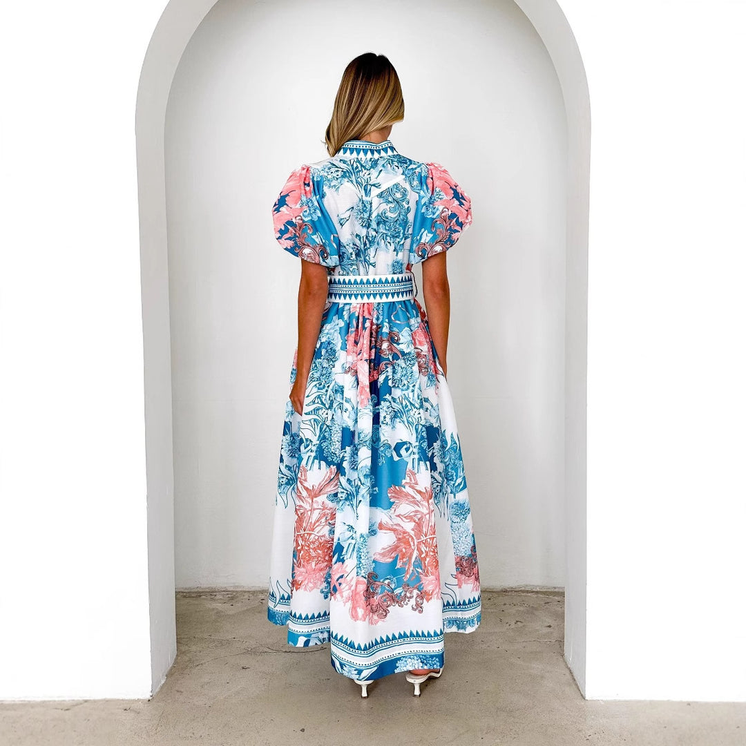 Damen Maxikleid mit voluminösen Puffärmeln und zartem Blumenmuster R&B