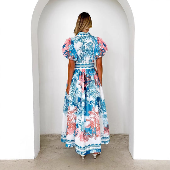 Damen Maxikleid mit voluminösen Puffärmeln und zartem Blumenmuster R&B