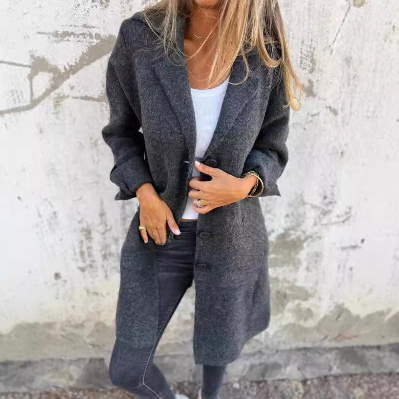Damen Eleganter Oversize-Wollmantel mit Durchgehender Knopfleiste und Praktischen Taschen R&B