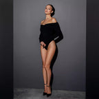 Damen eleganter Body mit drapiertem Oberteil und schmalen Ärmeln R&B