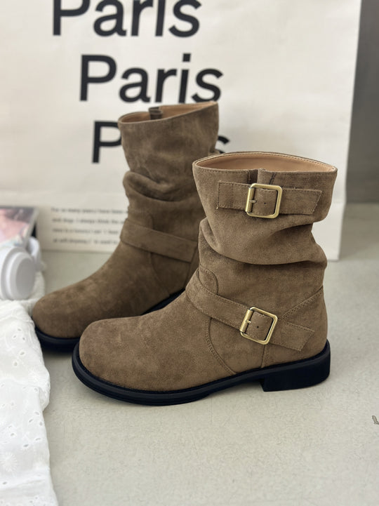 Damen modische Stiefel mit elegantem Riemen und rohem Look R&B